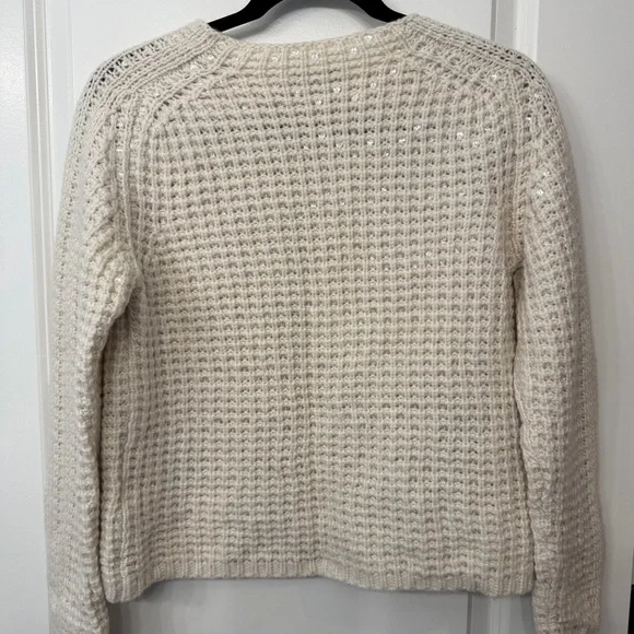 Lafayette 148 New York Cashmere Cream Waffle-Textured Crew Sweater with Sequins - Picture 2 of 5